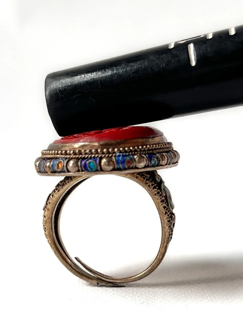 Antique Chinese Cinnabar Ring Carved Floral Silver Gold Gilt Enamel Adjustable
